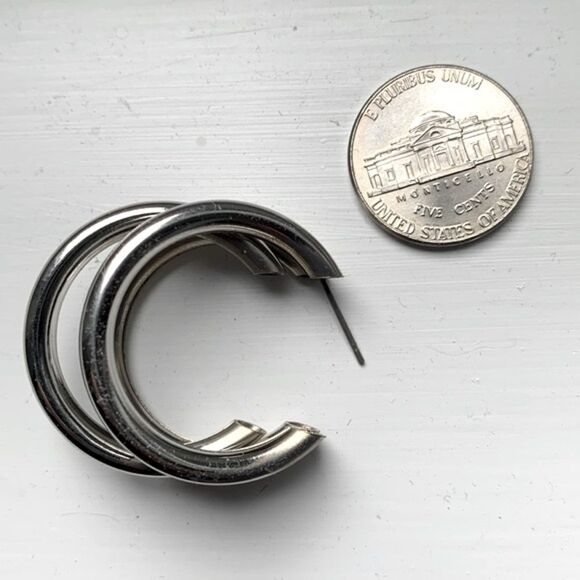 Men’s Hollow Triple Hoop Silver Tone Earrings Tri Hoop Earrings - Picture 5 of 8